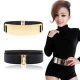 Women Mirror Gold Tone Plate Metal Waist Elastic Belt Obi Band,Golden_3
