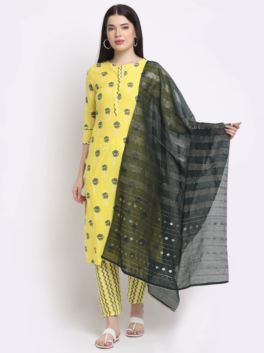 Anni Designer Women'S Cotton Straight Kurta With Pant & Dupatta (Kptd-Cot-10004-Green_M_Green_Medium),Green,M,Cotton Blend,Straight,Kurta, Pants, Scarf