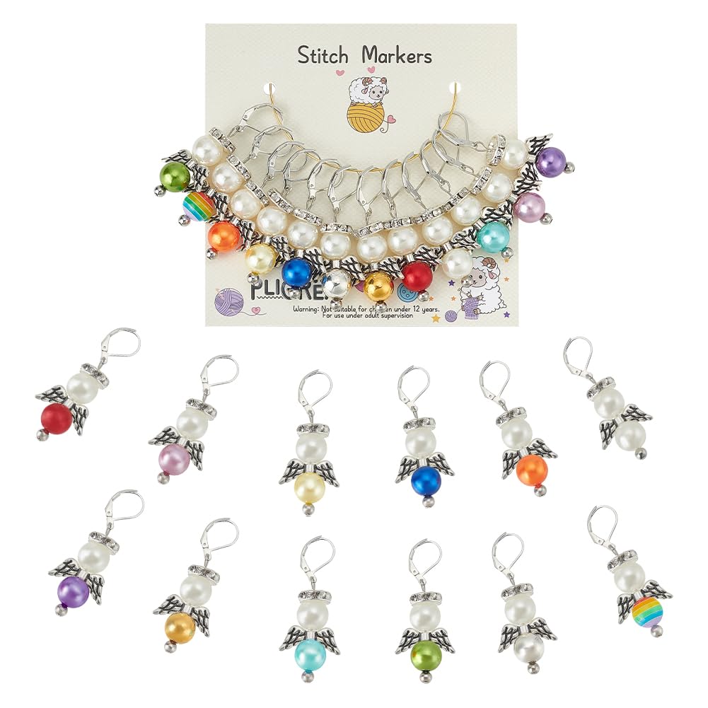 PLIGREAT 12 Pcs Beaded Angel Wings Stitch Markers Knitting Locking Crochet Markers for Grandma Mom DIY Gifts Weaving Quilting Se