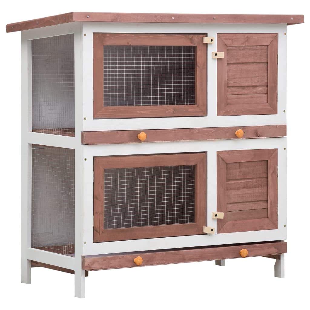 'Vidaxl 2-Layer Outdoor Rabbit Hutch With Waterproof Green Roof, Iron Wire Mesh, Pull-Out Trays, And 4 Doors - Brown And White Wooden Pet Enclosure