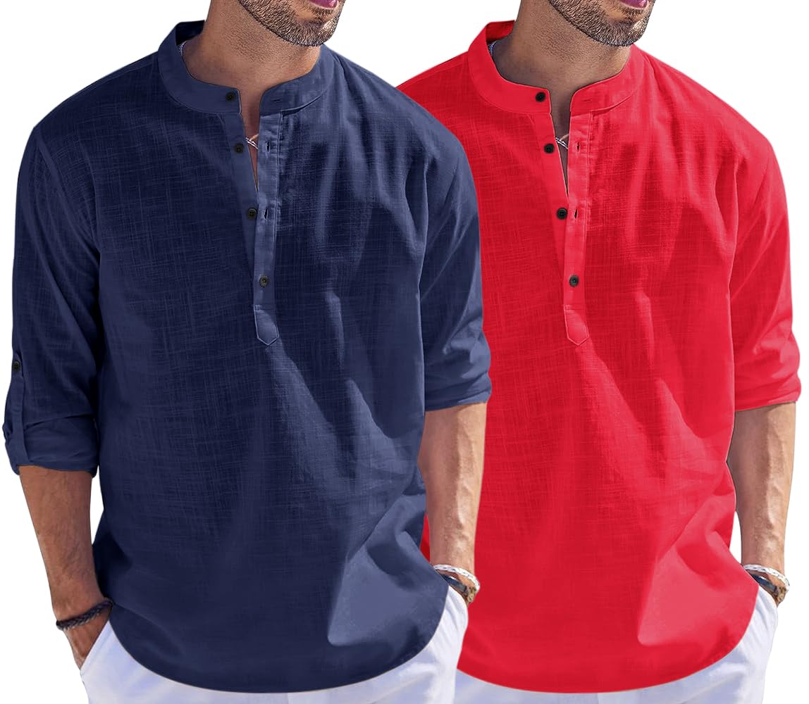 Bellstone Men'S Cotton Blend Solid Regular Fit Dress Shirt (Kurta1500_Combo_Navy & Red_M
