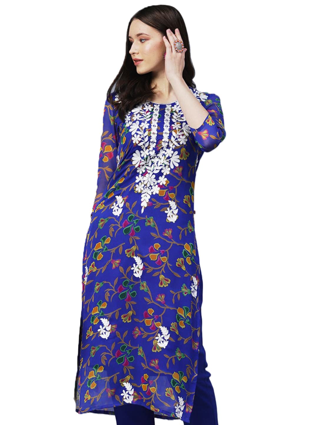 Gosriki Women'S Printed Georgette Chikankari Embroidered Kurti (Gori-Blue-Gs_Xxl_Blue_Xx-Large),Blue,2,B0BRV5P11K