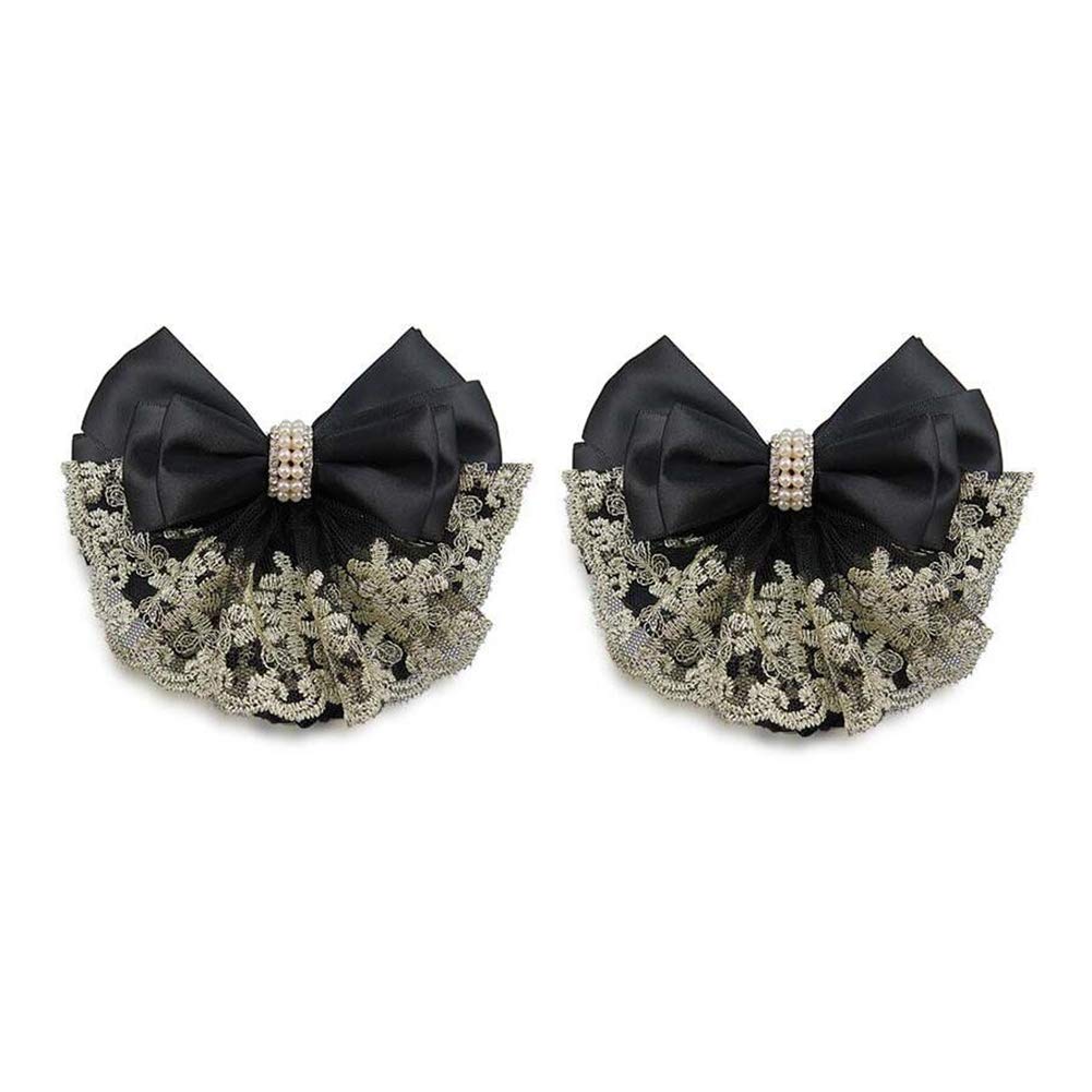 2Pcs Professional Hair Bun Cover Snood Hairnet Bowknot with Lace Pearl Crystal Decoration Barrette Hair Clip Hair Accessories fo