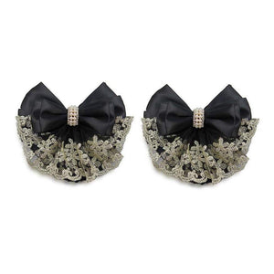 2Pcs Professional Hair Bun Cover Snood Hairnet Bowknot with Lace Pearl Crystal Decoration Barrette Hair Clip Hair Accessories fo