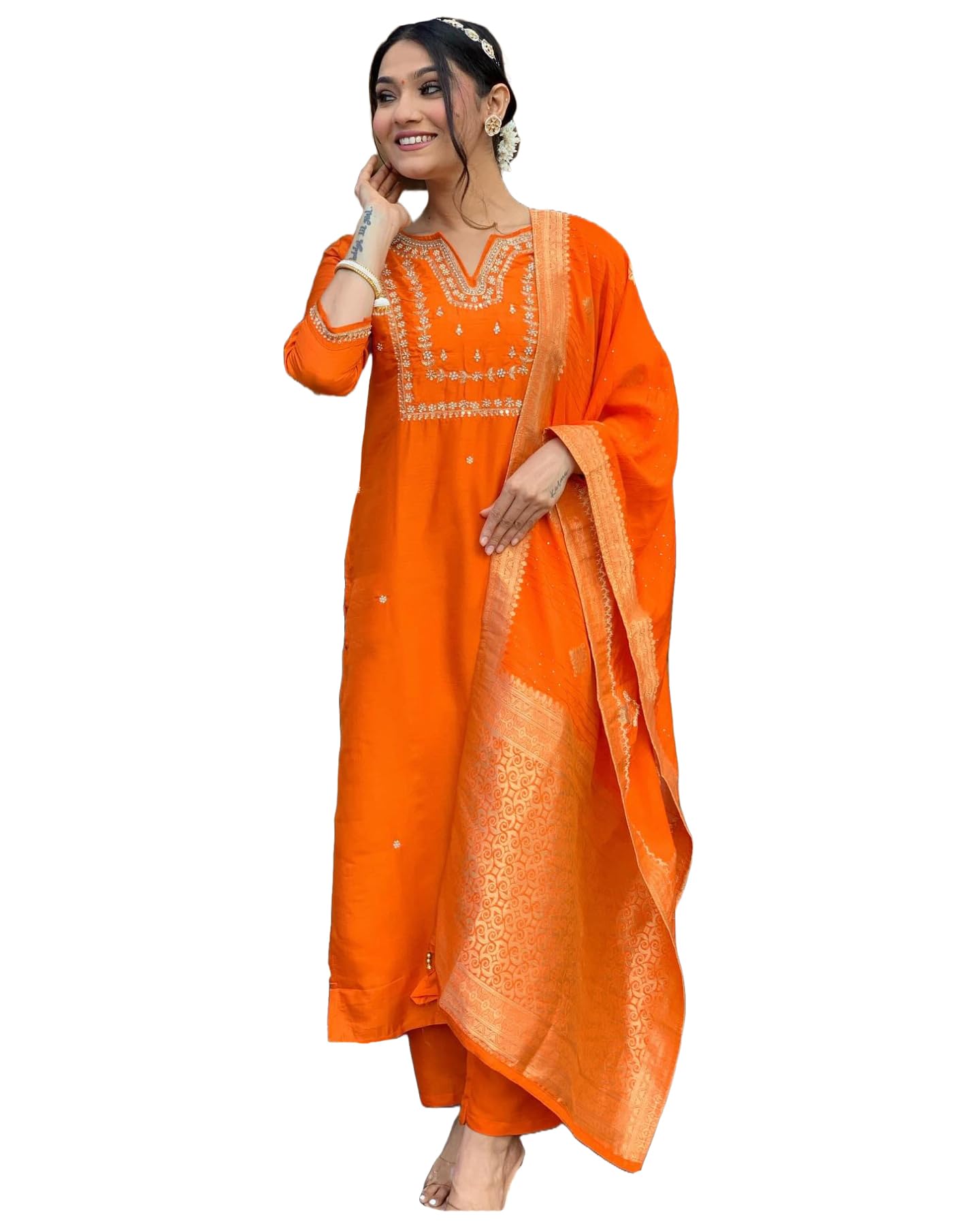 Anni Designer Women'S Rayon Blend Straight Embroidered Kurta With Pant & Dupatta (Manushi Orange-Vks01_3Xl_Orange_Xxx-Large),Orange,3XL,,,