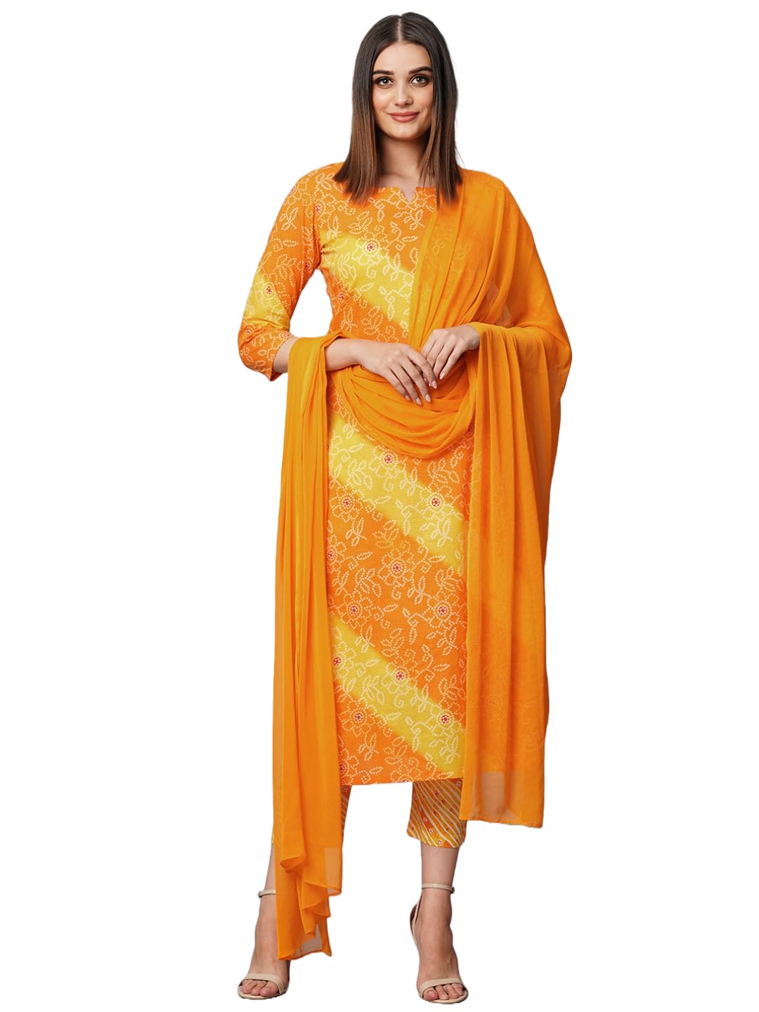 Anni Designer Women'S Cotton Blend Straight Printed Kurta With Pant & Dupatta (Makhan Mustard_Xl_Mustard_X-Large),Mustard,XL