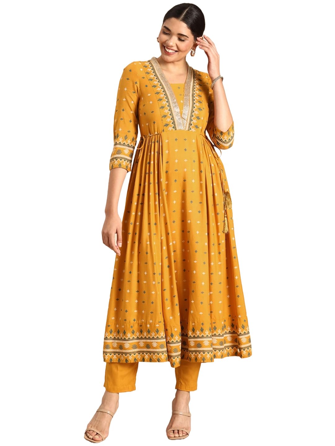 Anni Designer Women'S Rayon Viscose Anarkali Printed Kurta With Pant (Dawara Yellow_M_Yellow_Medium),Yellow,M