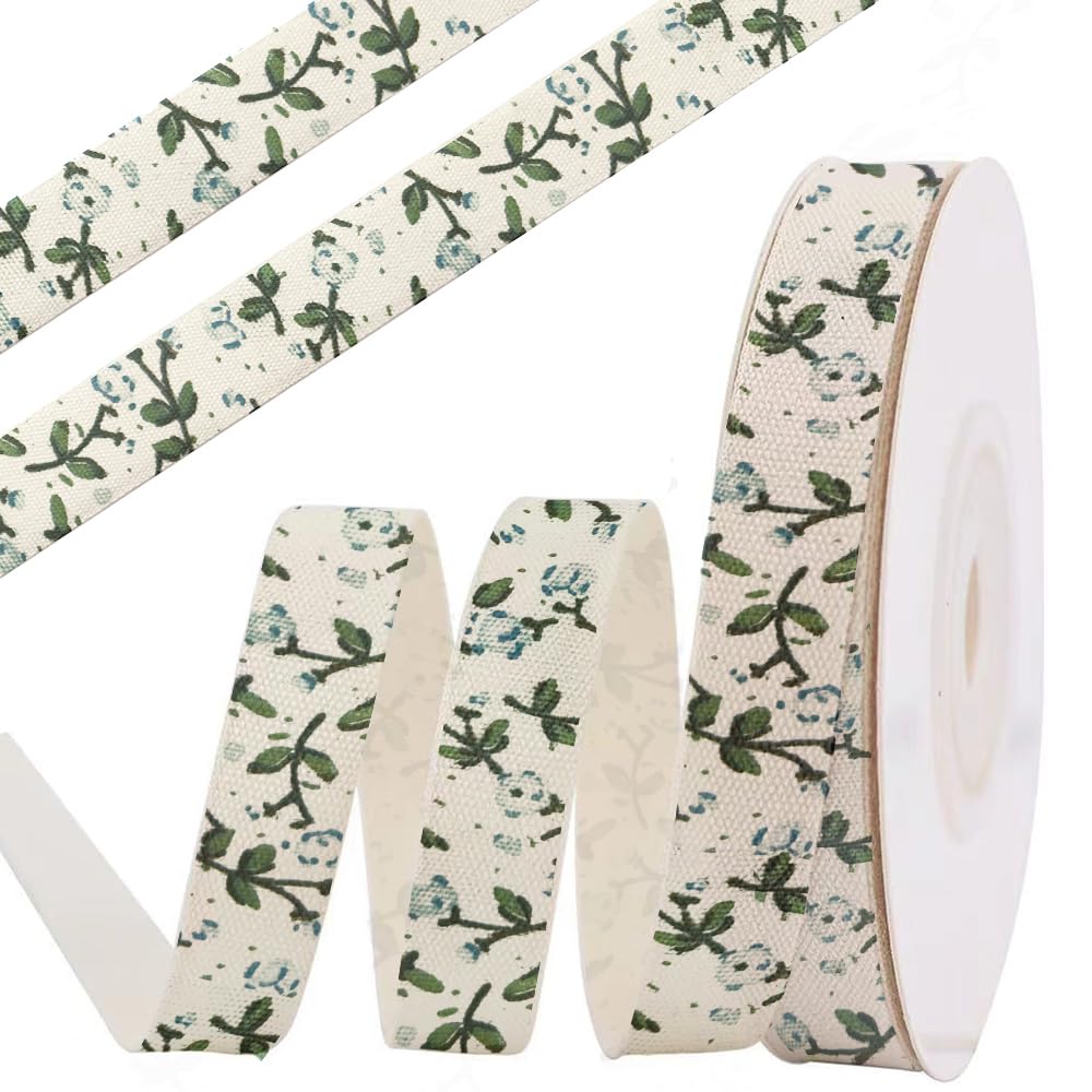 anshome Blue Flower Cotton Ribbon, 5/8 x 10 Yards Spring Vintage Cream White Ribbons Soft Natural Fabric Ribbon for Home D cor 