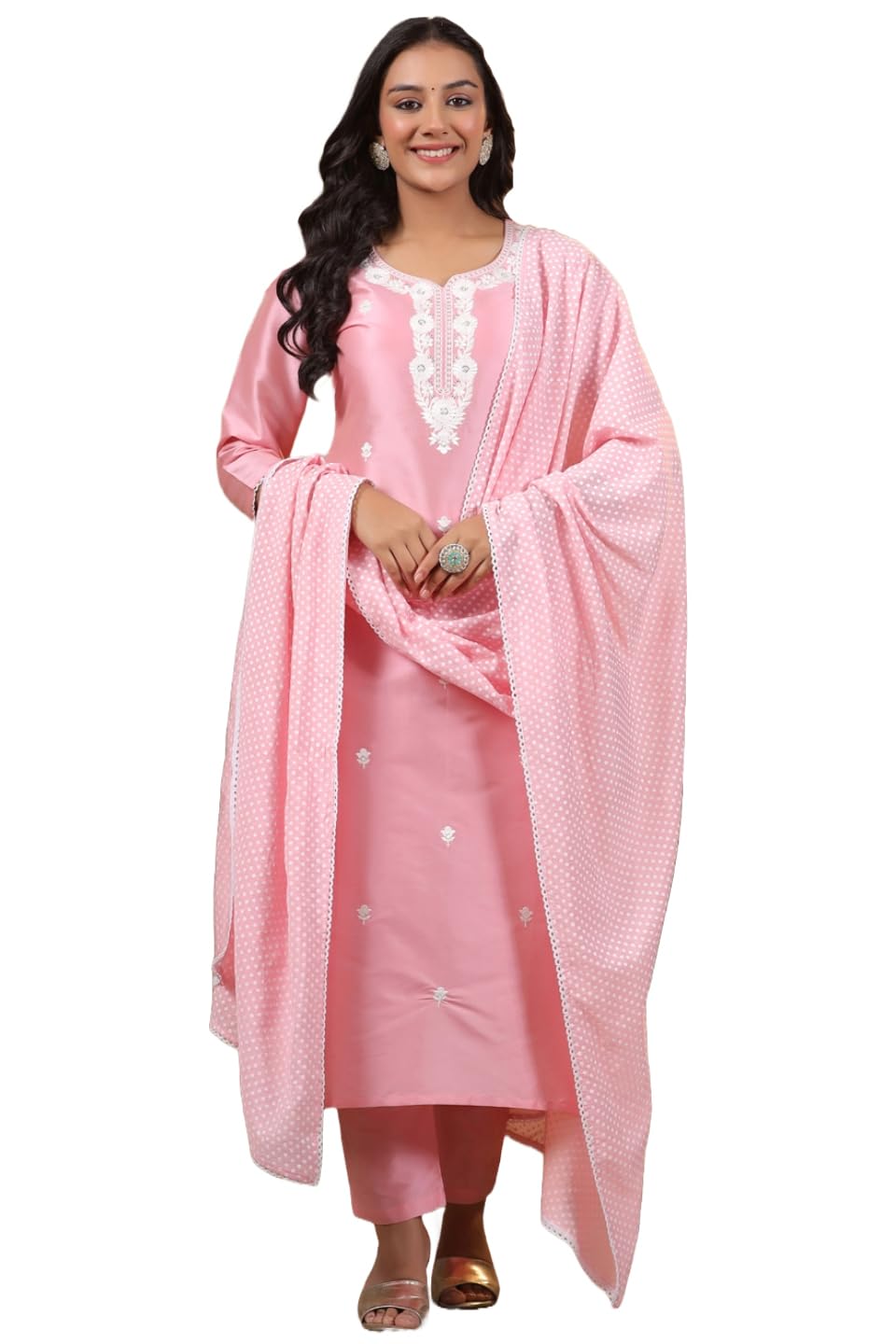 Gosriki Women'S Cotton Blend Straight Embroidered Kurta With Pant & Dupatta (Yearend Pink-Nw-Gs_L_Pink_Large),Pink,,B0CR41LZRF