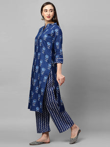Gosriki Women'S Pure Cotton Flower Print Kurta Plazzo Set (Blue Xl),Blue,,B08W2P8BYS