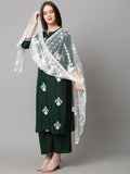 Anni Designer Women'S Cotton Blend Straight Embroidered Kurta With Palazzo & Dupatta (Coin Green_5Xl_Green_Xxxxx-Large),Green,5XL,Cotton Blend,Regular,Kurta, Pants, Scarf