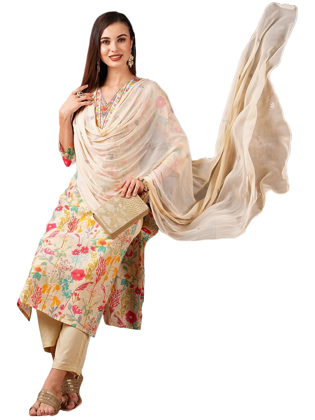 Gosriki Women'S Cotton Blend Straight Printed Kurta With Pant & Dupatta (Maket Cream-Gs_Xl_Cream_X-Large),Cream,,B0D57BD6S4