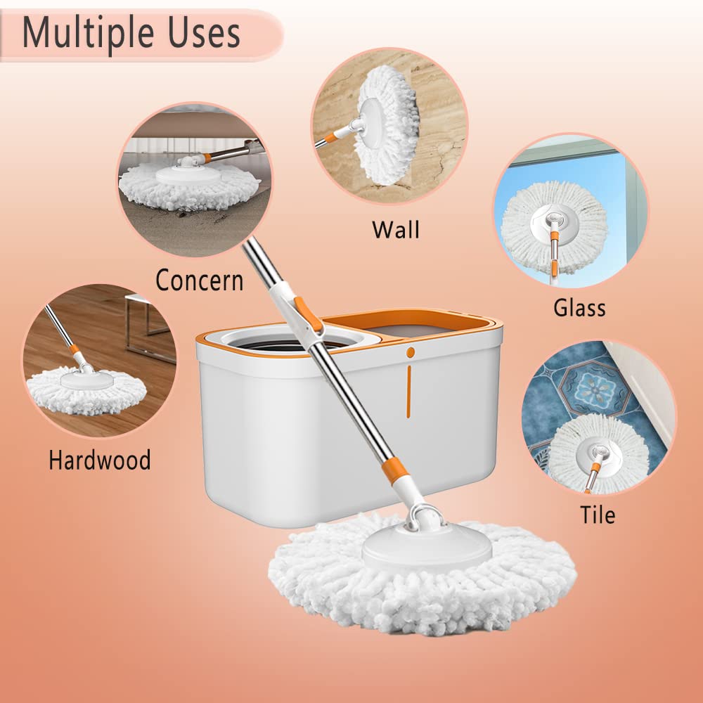 Floor Spin Mop and Bucket Set with Wringer System Extended Stainless Steel Handle 61for Home Floor Cleaning Use with 5 Replace