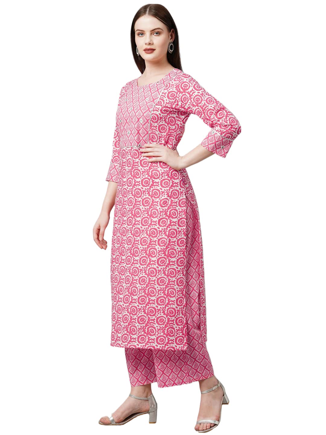 Gosriki Women'S Cotton Blend Traditional Straight Printed Kurta And Palazzo Set (Valab Pink_M-Gs_Pink_Medium),Pink,,B0BJ32JB4N