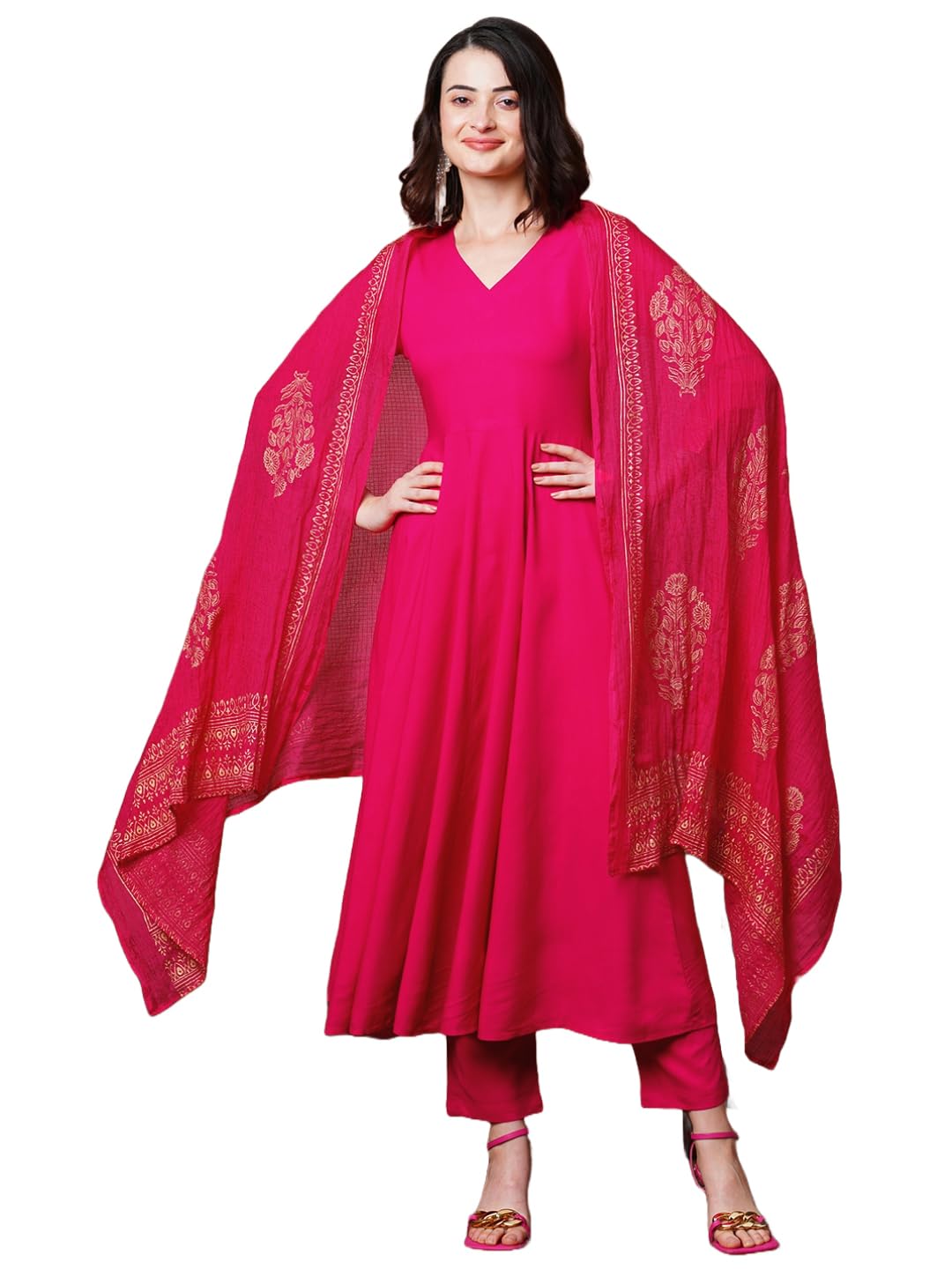 Anni Designer Women'S Rayon Blend Solid Anarkali Kurta With Pant & Dupatta (Magic-Pink-Nb_M_Pink_Medium),Pink,M