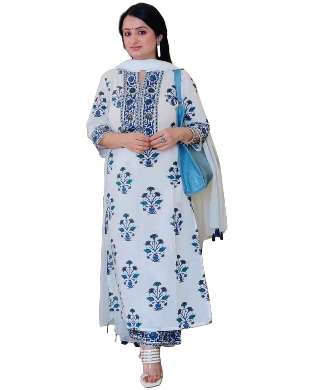 Gosriki Women'S Cotton Straight Kurta With Palazzo & Dupatta (Liba-Guldasta_Blue_M-Go1_Blue_Medium),Blue,,B0B8YQBJ57