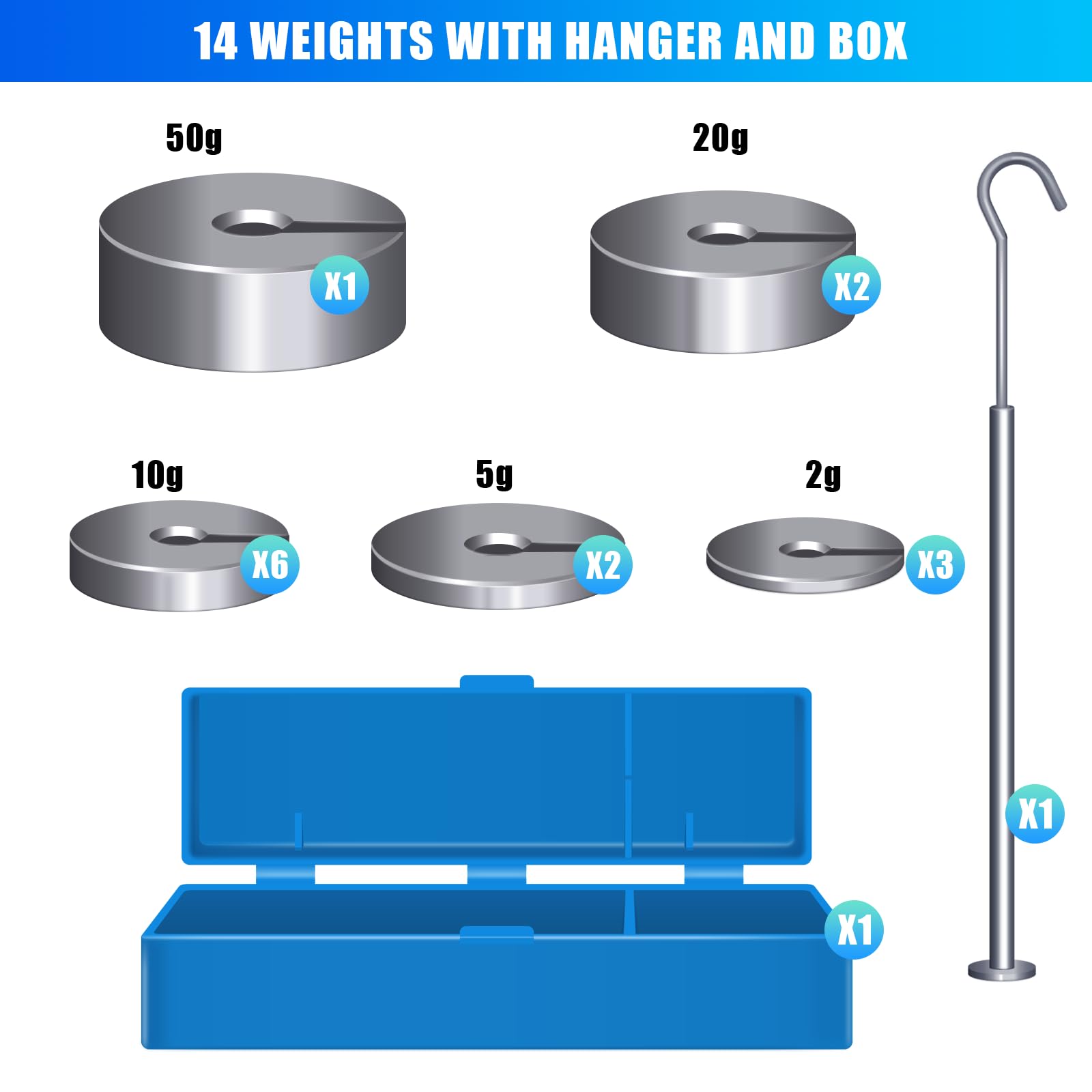 14 Pcs Small Weights for Crafts Metric Slotted Weight Set 2g 5g 10g 20g 50g with Hanger and Case