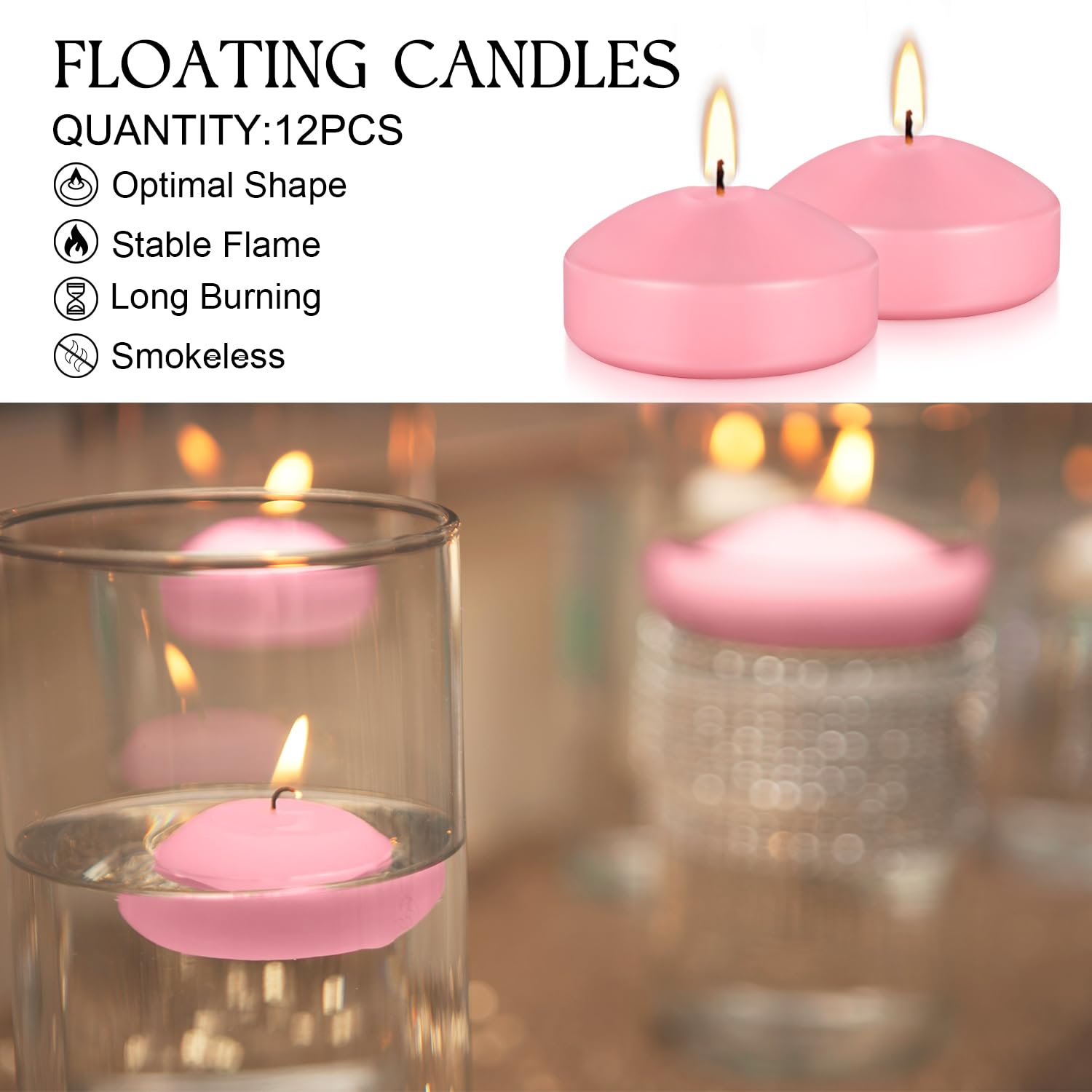 12-Pack 3 Inch Pink Floating Candles - Romantic Decor for Valentine's Day