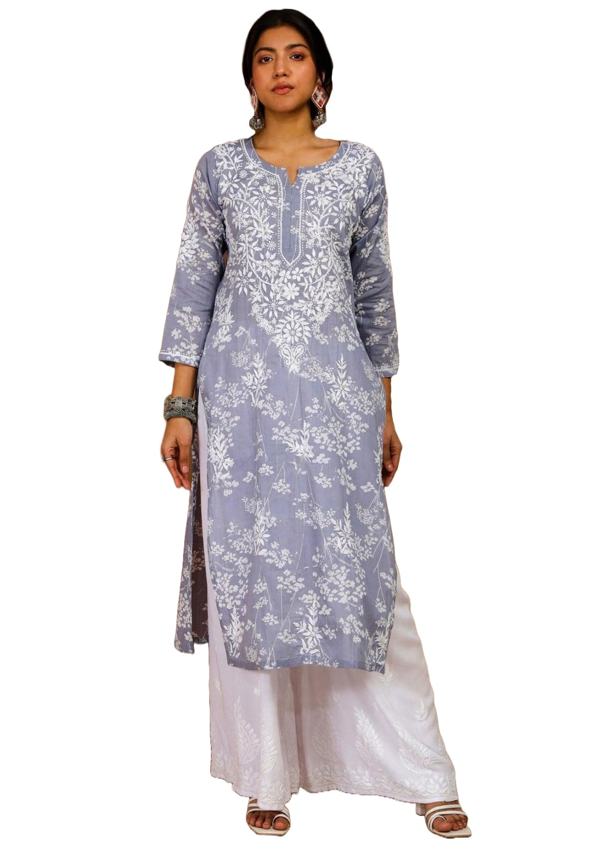 Anni Designer Women'S Cotton Blend Chikankari Embroidered Straight Kurta (Zainab Grey-Nw_L_Grey_Large),Grey,L