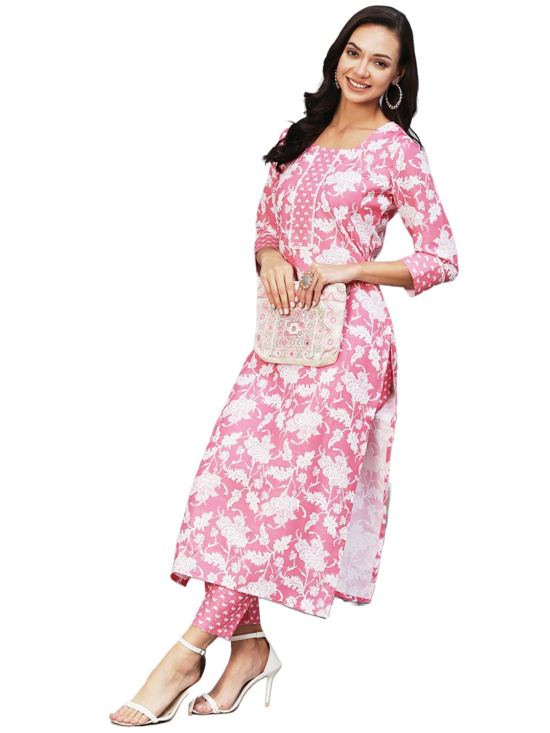 Anni Designer Women'S Cotton Blend Printed Straight Kurta With Pant (Pustak Pink-Nw_Xl_Pink_X-Large),Pink,XL