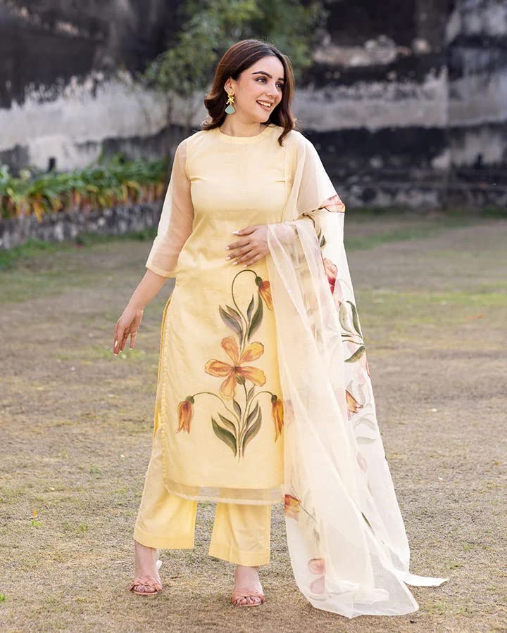 Anni Designer Women'S Chanderi Cotton Straight Printed Kurta With Pant & Dupatta (Falak Cream_S_Cream_Small),Cream,S,Chanderi Cotton,Regular,Dupatta