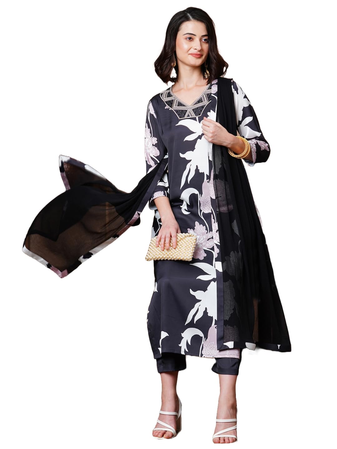 Gosriki Women'S Rayon Blend Straight Printed Kurta With Pant & Dupatta (Kalal Black-Nw-Gs_4Xl_Black_Xxxx-Large),Black,4,B0CX1LNCPP