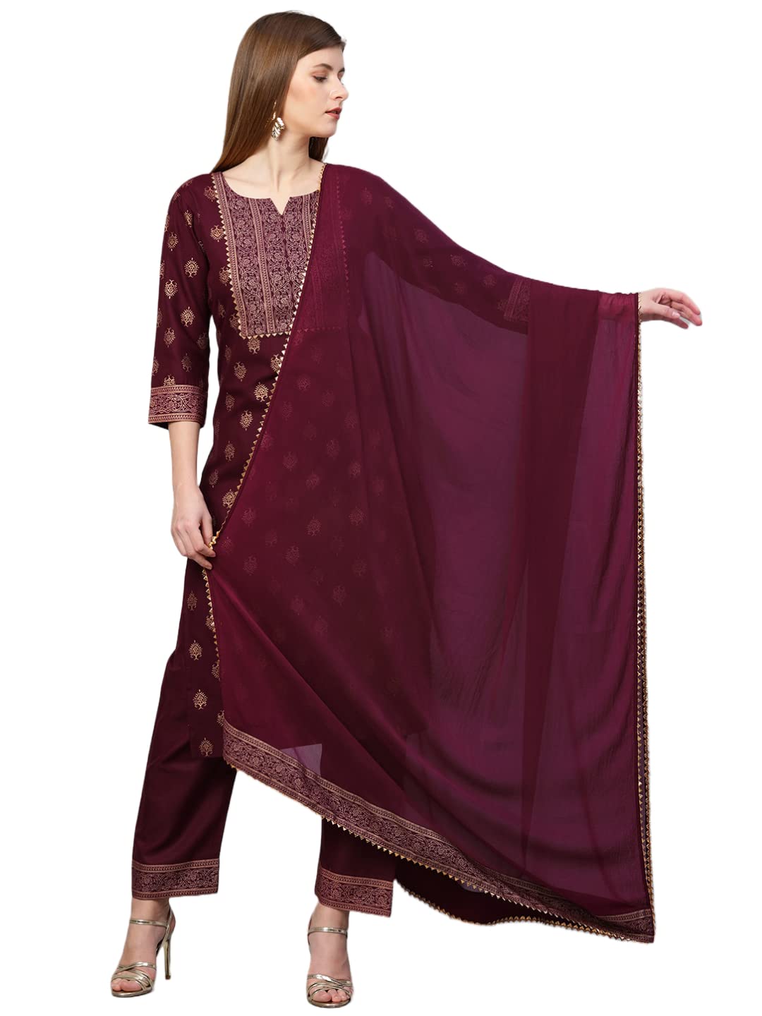 Anni Designer Women'S Cotton Straight Kurta With Pant & Dupatta (Kptd-Cot-10132-Maroon_S_Maroon_Small),Maroon,S