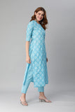 Anni Designer Women'S Cotton Blend Printed Straight Kurta With Pant (Sarva-Stone Blue_M_Dark Blue_Medium),Stone Blue,M,Cotton Blend,Regular,kurta