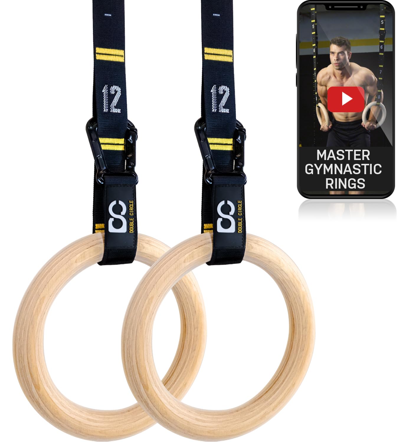 Double Circle Wood Gymnastic Rings 1.25 Inch, with Quick Adjust Numbered Straps and Exercise Videos Guide for Full Body Workout,