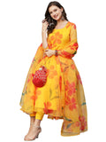 Anni Designer Women'S Organza Anarkali Floral Printed Kurta With Pant & Dupatta (Bhuj-Yellow-Nw_Xxl_Yellow_Xx-Large),Yellow,2XL
