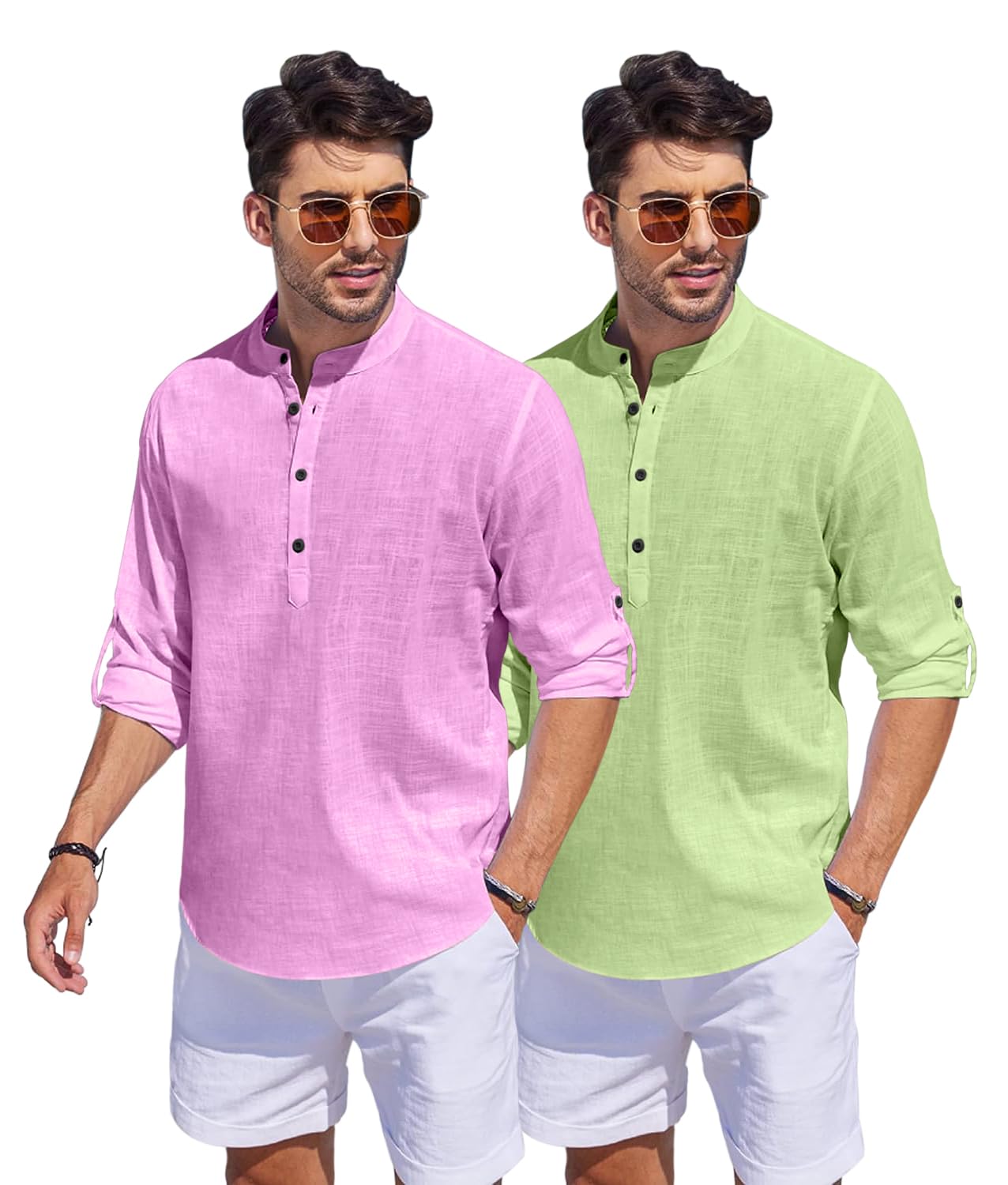 Bellstone Men'S Cotton Blend Solid Regular Dress Shirt (Kurta1500_Combo_L Pink & L Green_Xl Light