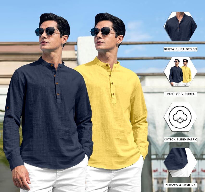 Royalscout Combo Of Men'S Solid Cotton Blend Full Sleeve Straight Kurta Shirt (Pack Of 2) Navy-Yellow Navy-Yellow 2Xl