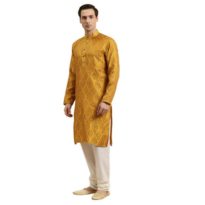 Sojanya (Since 1958 Men'S Jacquard Silk Mustard & Gold Kurta Size 42