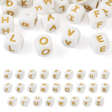 Boutigem 52Pcs 12mm White Cube Letter Silicone Beads Golden Alphabet Square Dice Silicone Focal Beads Rubber Capital Letter A-Z 
