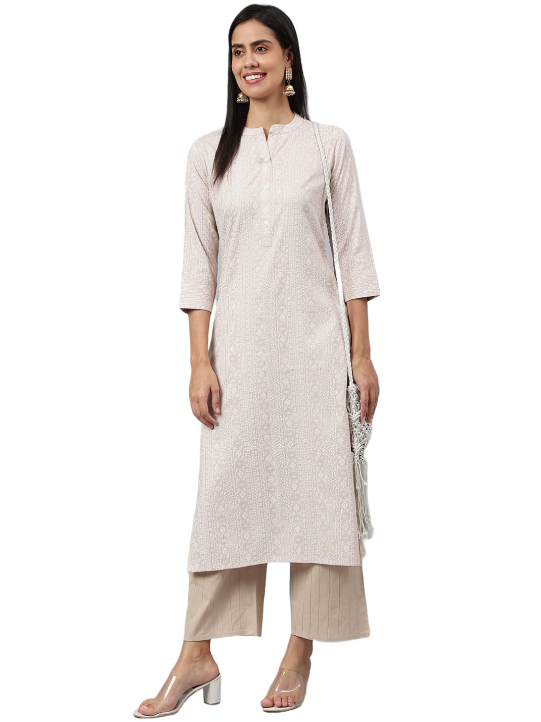 Anni Designer Women'S Cotton Blend Straight Printed Kurta (Sufa_Cream_M_Cream_Medium),Cream,M