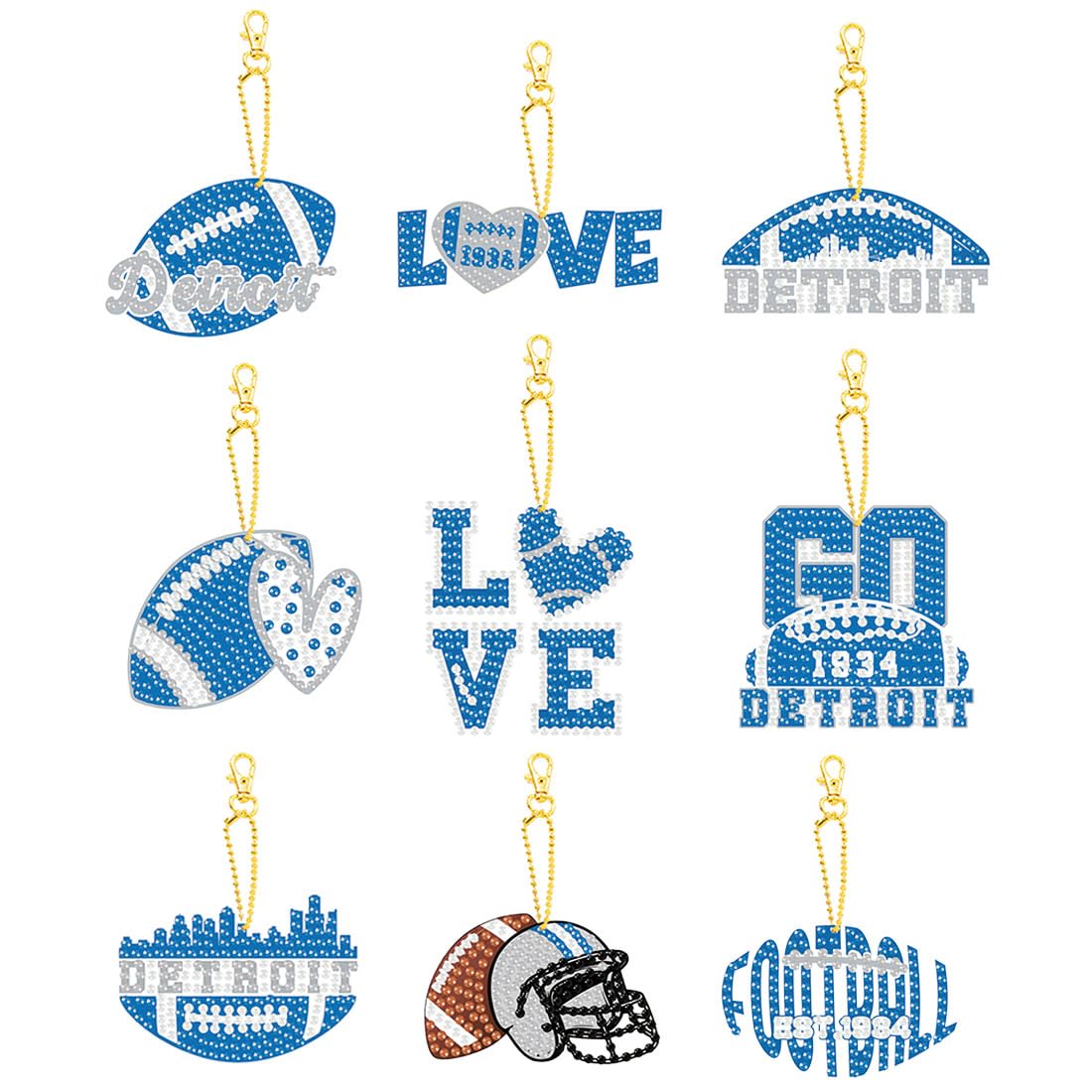 Rertcioph 9 Pcs Football Diamond Painting Kits DIY Double Sided Diamond Art Keychains Hanging Ornament Kits Fans Gift for Detroi