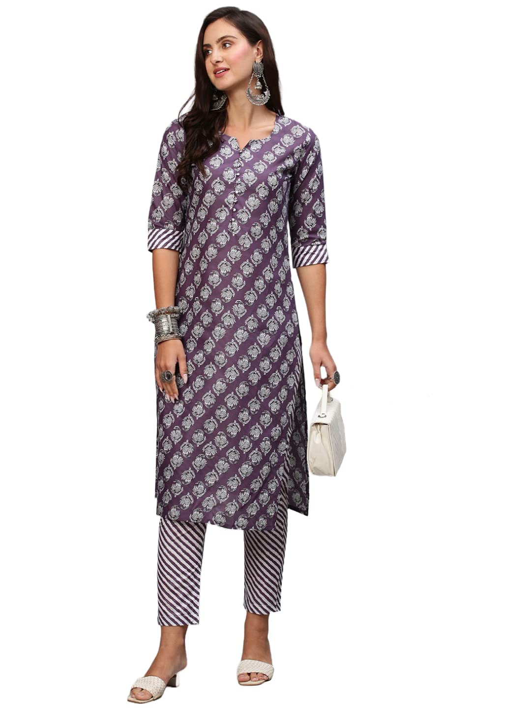 Gosriki Women'S Cotton Blend Printed Straight Kurta With Pant (Funnu New01 Purple_Xl-Gs_Purple_X-Large),Purple,,B0BS1C4LTB