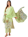 Anni Designer Women'S Cotton Blend Straight Printed Kurta With Pant & Dupatta (Gosala Pista_Xxl_Pista_Xx-Large),Pista,2XL,,,