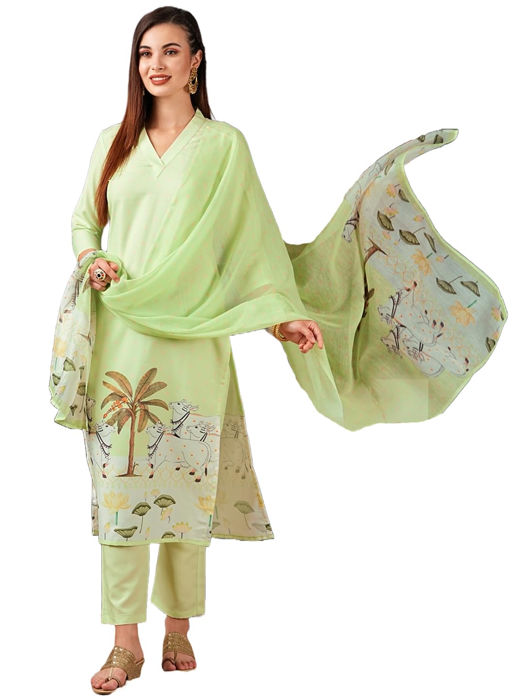 Anni Designer Women'S Cotton Blend Straight Printed Kurta With Pant & Dupatta (Gosala Pista-Nw_L_Pista_Large),Pista,L,,,