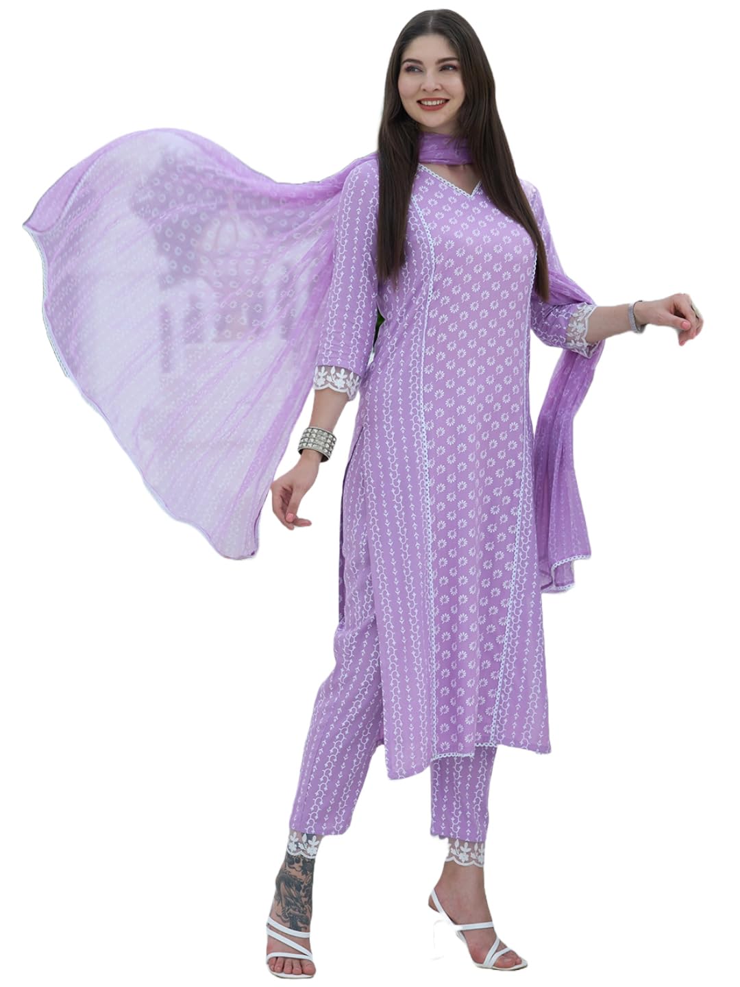 Anni Designer Women'S Cotton Blend Straight Printed Kurta With Pant & Dupatta (Spp-Purple_Xxl_Purple_Xx-Large),Purple,2XL