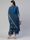 Gosriki Women'S Cotton Blend Straight Embellished Kurta With Palazzo & Dupatta (Farida Blue_Xxl-Go_Blue_Xx-Large),Blue,2,B0B9Y2WWS6
