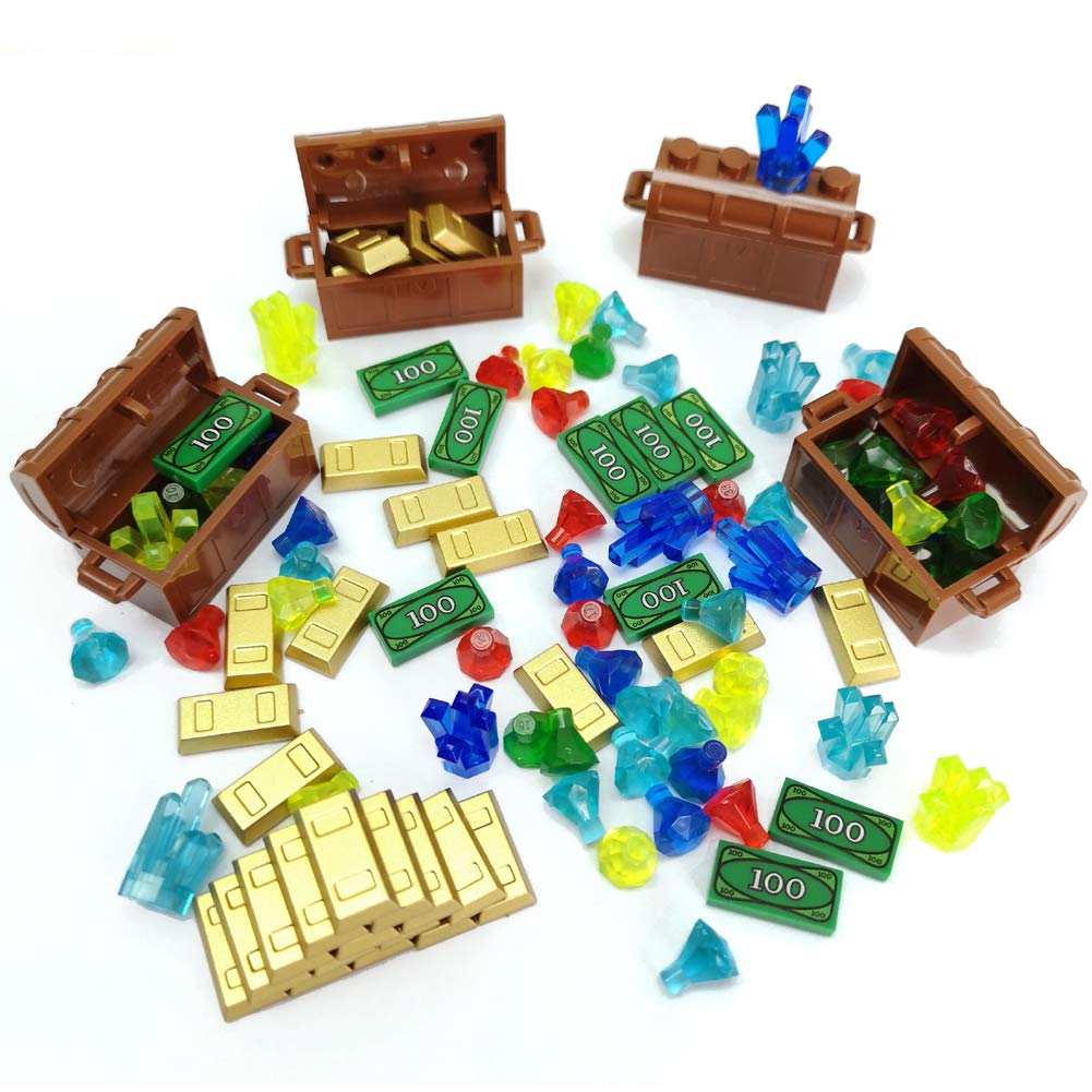 ZHX Treasure Accessories Jewel Chest, Gems Diamonds, Bullion Gold Bar, Crystals, $100 Dollar Bill Cash Toy Pirate Building Block