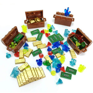 ZHX Treasure Accessories Jewel Chest, Gems Diamonds, Bullion Gold Bar, Crystals, $100 Dollar Bill Cash Toy Pirate Building Block