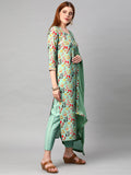 Anni Designer Women'S Cotton Blend Printed Kurta And Pant With Dupatta Set (Kaleping-Pista-Nw_Xl_Pista_X-Large),Pista,XL,Cotton Blend,Regular,Dupatta