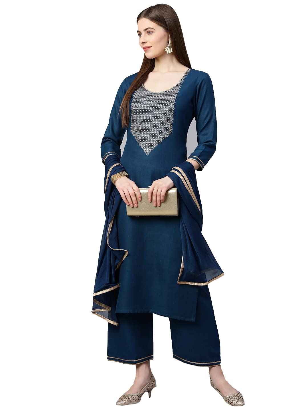 Gosriki Women'S Ruby Cotton Solid Straight Kurti With Palazzos & Dupatta Set (Label Cerosin_Xl-Go_Blue_X-Large),Blue,,B09Q129M9S
