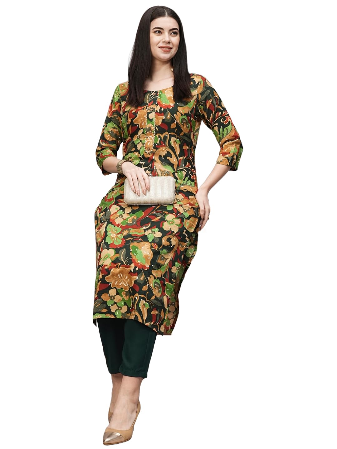 Anni Designer Women'S Cotton Blend Straight Printed Kurta With Pant (Jabala Green_Xl_Green_X-Large),Green,XL