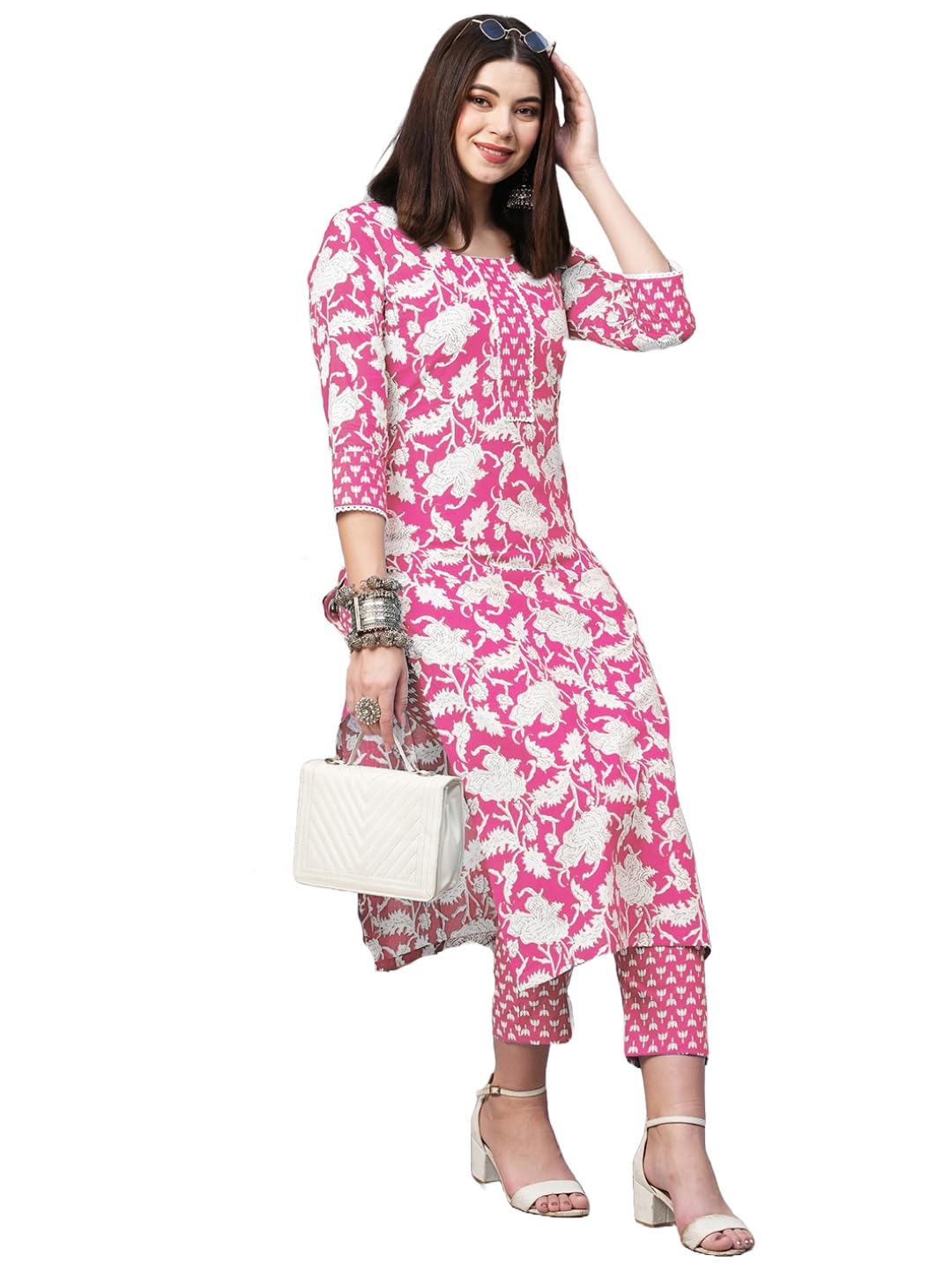 Anni Designer Women'S Cotton Blend Printed Straight Kurta With Pant (Pustak Baby Pink_Xl_Black_X-Large),Baby Pink,XL