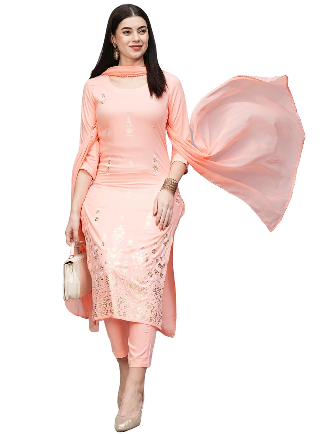 Anni Designer Women'S Cotton Blend Straight Printed Kurta With Pant & Dupatta (Mavis Peach_Xxl_Peach_Xx-Large),Peach,2XL