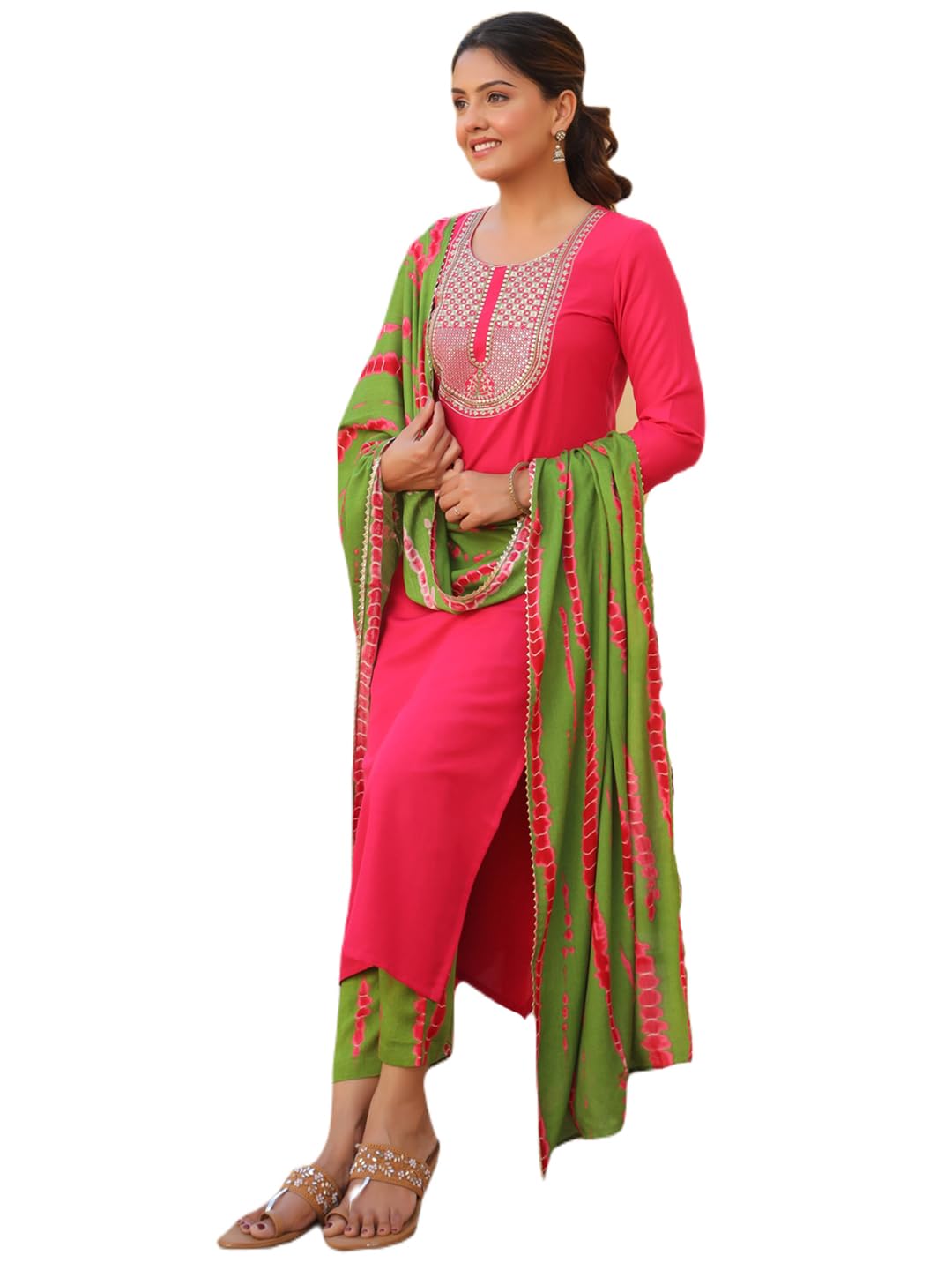 Anni Designer Women'S Rayon Blend Embroidered Straight Kurta With Pant & Dupatta (Dhaya Pink_Xl_Pink_X-Large),Pink,XL,,,