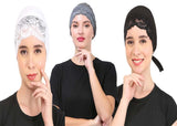Envius Pack Of 3 Plain Net Design Muslim Women Under Head Scarf Hijab Cap For Women (White & Gray & Black)